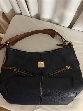 Dooney & Bourke Black Leather Shoulder Bag with Brown Trim and Gold Hardware